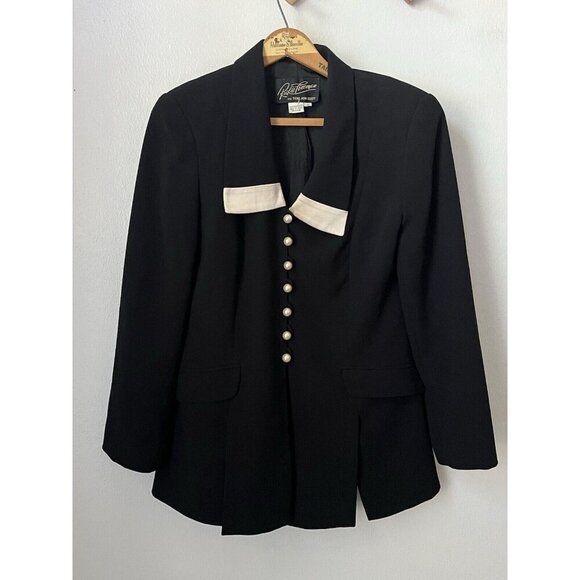 Vtg Rickie Freeman‎ black dressy jacket pearl buttons satin lapel 80s glam M - Picture 1 of 3